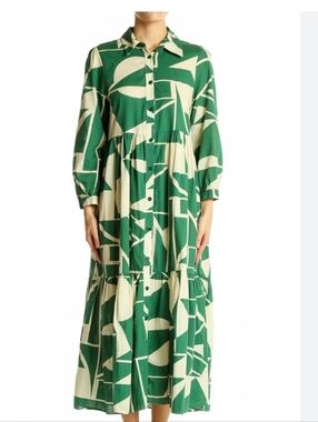 Zara Geometric Green Print Maxi Dress Sz XL, Probably Fits L Best